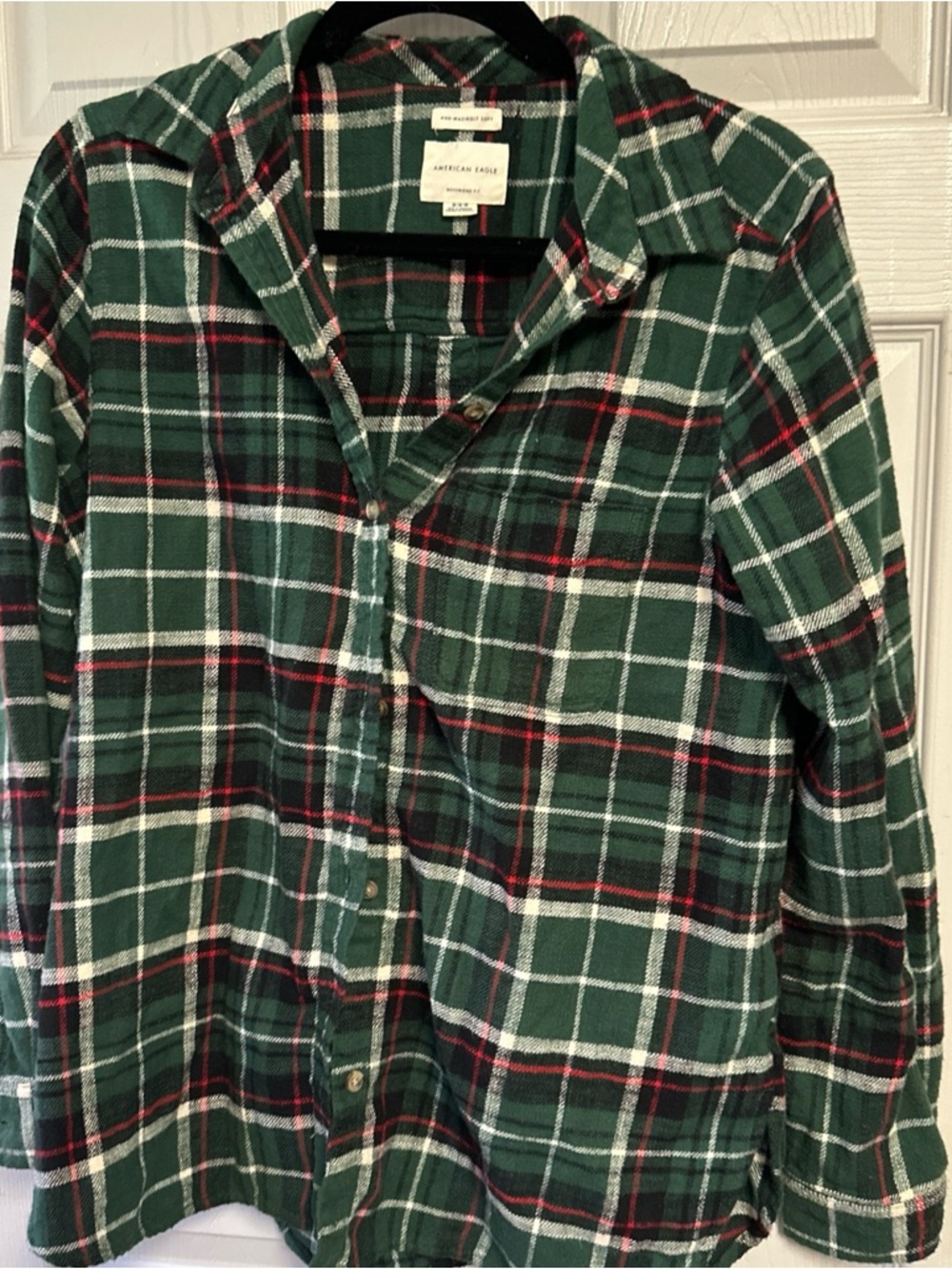 American Eagle Green Plaid Boyfriend Shirt with Red and White Accents